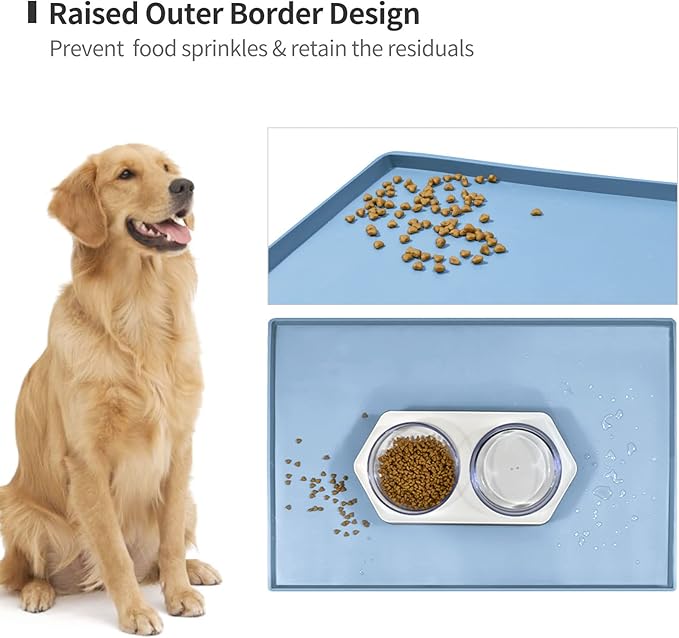 Dog Food Mat,Silicone Waterproof Food Tray,Non Slip Pet Bowl Mats Placemat,0.6" Raised Edge,Suitable for Most Small and Medium Sized Pets,24" x 16"