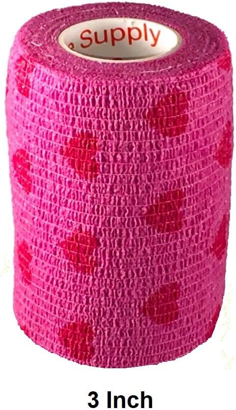 Vet Wrap Wrap Tape (Pink with Hearts) (2 Pack) (3 Inch x 15 feet) Self Adhesive Adherent Adhering Cohesive Flex Self Stick Bandage Grip Roll Dog Cat Pet Horse