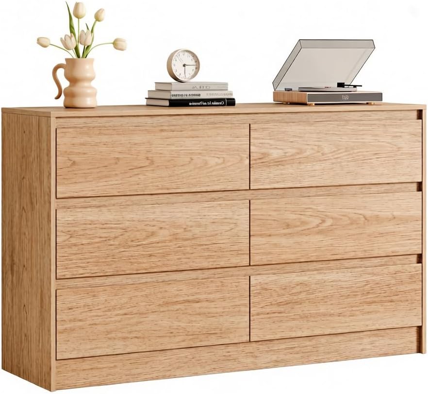Chrangmay 6 Drawer Dresser,47.24" Wide Mid Century Chest of Drawers,Wooden Bedroom Drawer Dresser with 6 Storage Drawers for Bedroom,Living Room,with Anti-Tipping Device, Wheat
