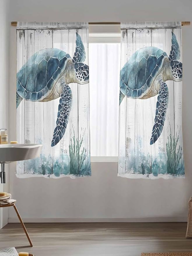 Sheer Curtains 63 Inch Length, Sea Turtle Teal Blue Semi Sheer Curtains Light