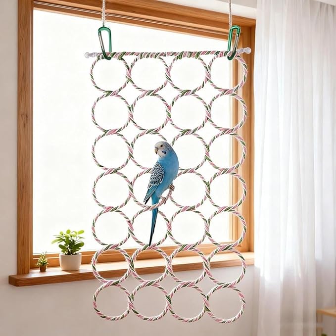 Bird Rat Climbing Rope Net Bird Swing, Parrot Cage Toys,Small Animal Activity Toy for Gerbil,Swing Hanging Play with Mirror for Macaw African Greys Parakeet Cockatoo Lovebirds (Bird Perch)
