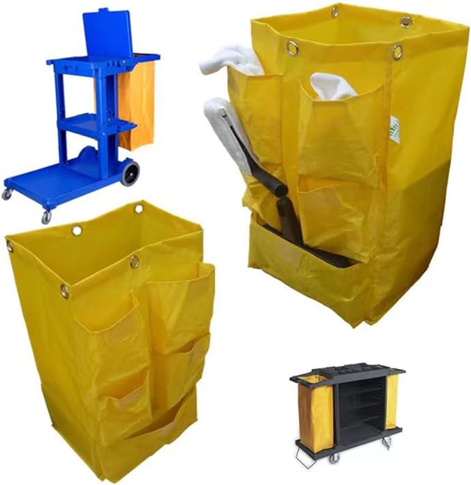 Replacement Janitorial Cart Bag with 5 Pockets,25 Gallon Housekeeping cart Bag High Capacity Waterproof Thickened Commercial Janitorial Cleaning Cart Bag with 6 Brass Grommets (Yellow with 5 Pockets)