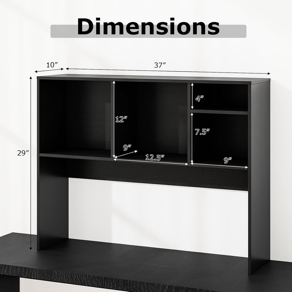 LDAILY Desktop Bookshelf, 2-Tier Office Desk Shelf Organizer Desk Hutch with 4 Shelves, 37’’L Wood Storage Rack Display Shelf for Computer Desk, Office, College Dorm, Bedroom (Black)