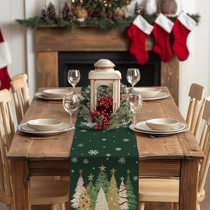 Christmas Table Runner 13x120 Inch, Xmas Trees Snowflakes Holiday Decorative