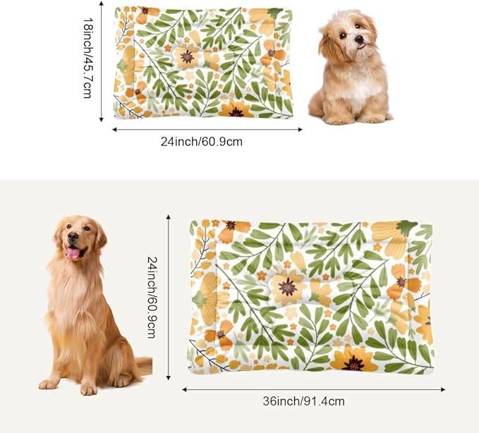 Natural Yellow Floral Green Dog Bed Machine Washable Dog Bed Crate Mat Pad for Crate Small Washable Non-Slip Cushion for Cage Small Mat Kennel Pillow Dogs Indoor Outdoor 24X18 Inch