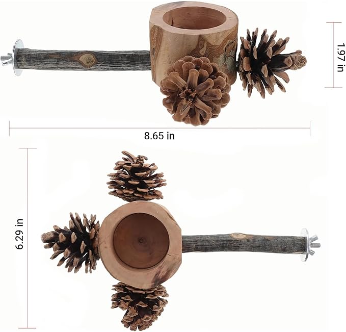 Bird Perch with Feeder for Cage & Chew Toys Pinecones - Bird Cage Accessories 100% Natural & Durable for Cockatiel, Conure, Budgie, Lovebird, Parakeet - Parrot Food Treats Bowl for Foraging