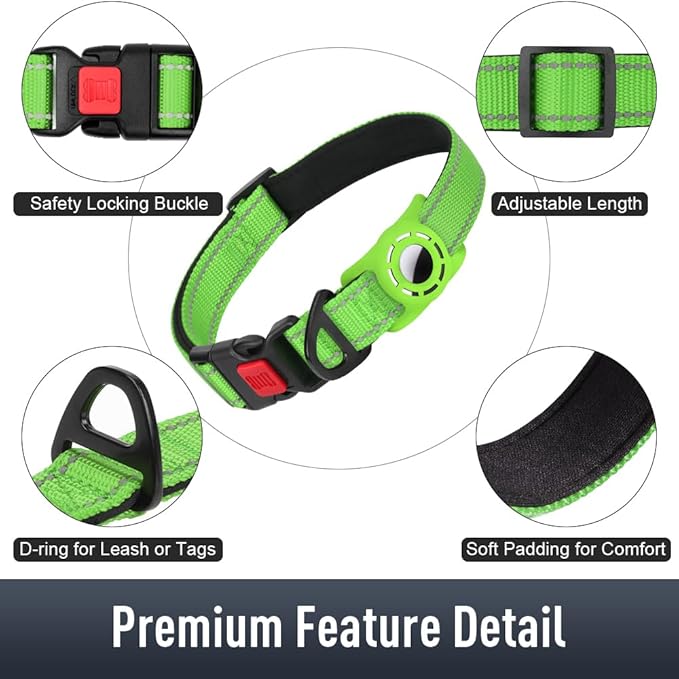 Airtag Dog Collar with AirTag Holder for Small Dogs, Reflective, Soft Padded & Safety Locking Buckle, Nylon Pet Collars Adjustable for All Breeds, Green,S