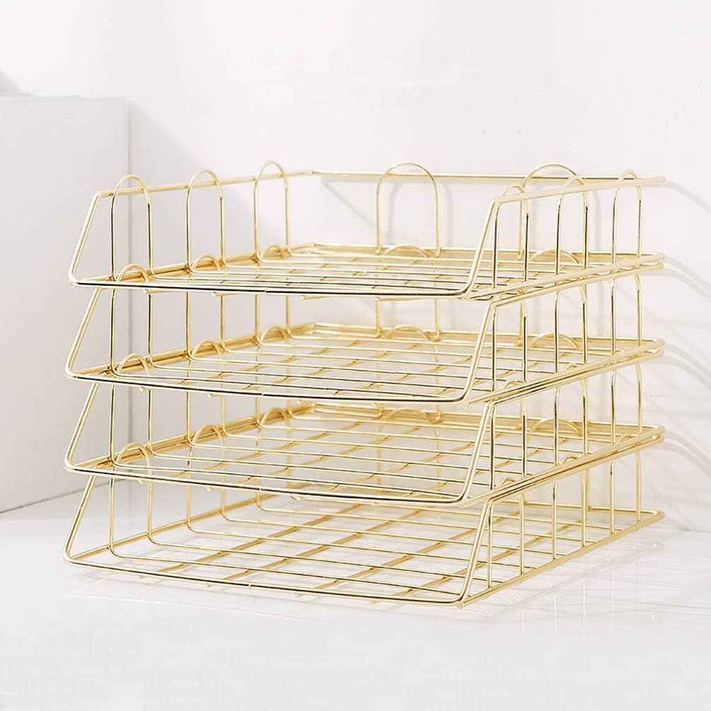 Gold 4-Tier Stackable Paper Tray Desk Organizer