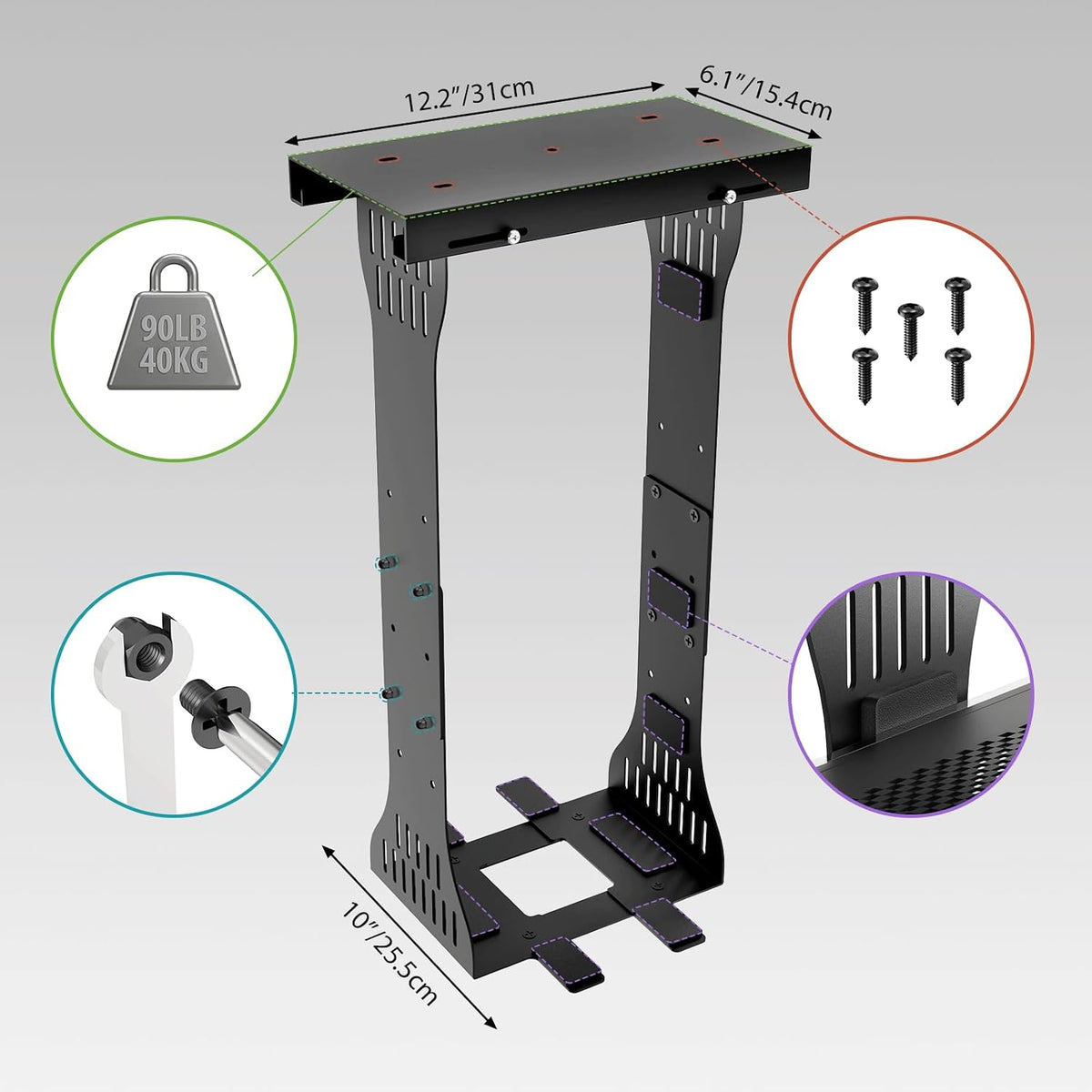 KEEGH Under Desk PC Mount, Adjustable Computer Tower Stand, Black