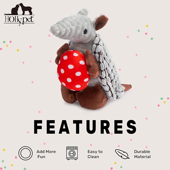 Hollypet Plush Dog Squeaky Toy Stuffed Armadillo Animal Pet Puppy Chew Toys with Clean Teeth for Small Medium Large All Breed Sizes Dogs, Gray, 8 in, Red Easter Eggs with WhiteDots