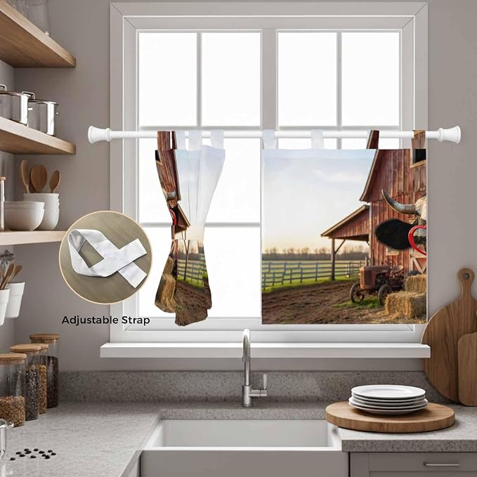 Farm Cows Kitchen Curtains 24 Inch Length, Small Window Curtains Tab Top