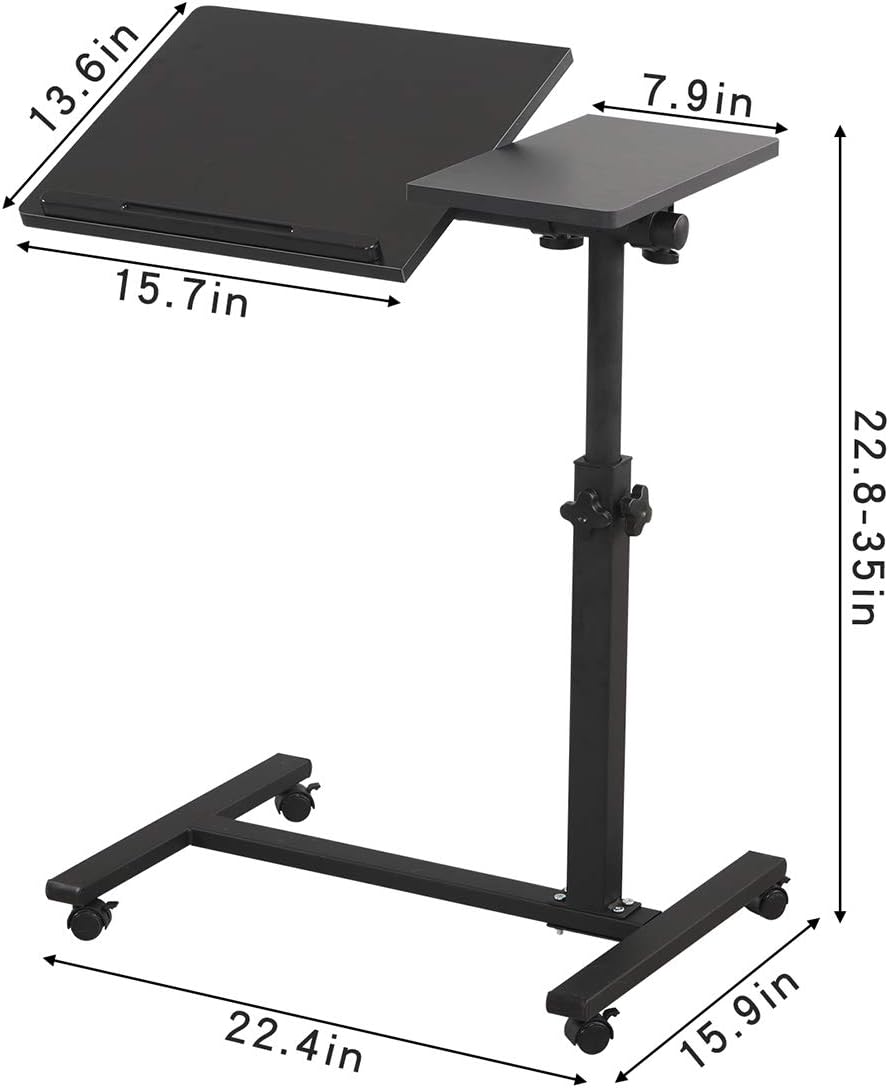 TigerDad Overbed Bedside Desk Mobile Rolling Laptop Stand Tilting Overbed Table with Wheels Height Adjustable Tray Table for Laptop Bed Sofa Side Table, Home & Hospital Use (Black)