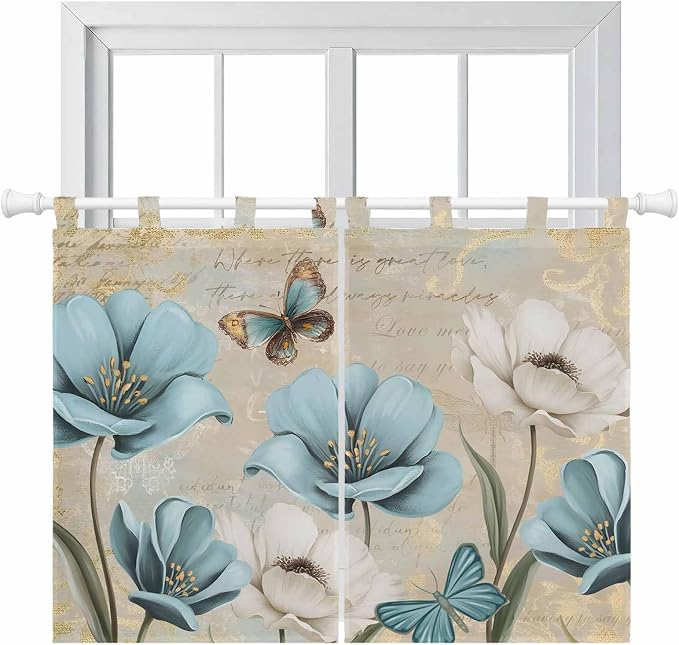 Spring Flowers Kitchen Curtains 45 Inch Length, Short Cafe Window Curtains Tab