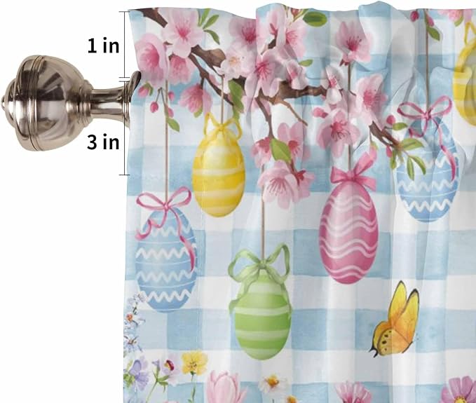 Happy Easter Half Window Curtains 24 Inches Long, Spring Watercolor Bunny Eggs