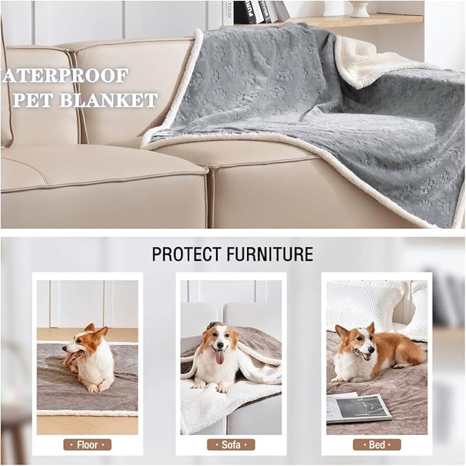 Waterproof Dog Blanket, 60" x 40" Washable Sherpa Fleece Cat Blanket,Pet Puppy Blanket Sofa Bed Furniture Protector,Reversible Soft Plush Blanket for Medium Large Dog (85" x 57")