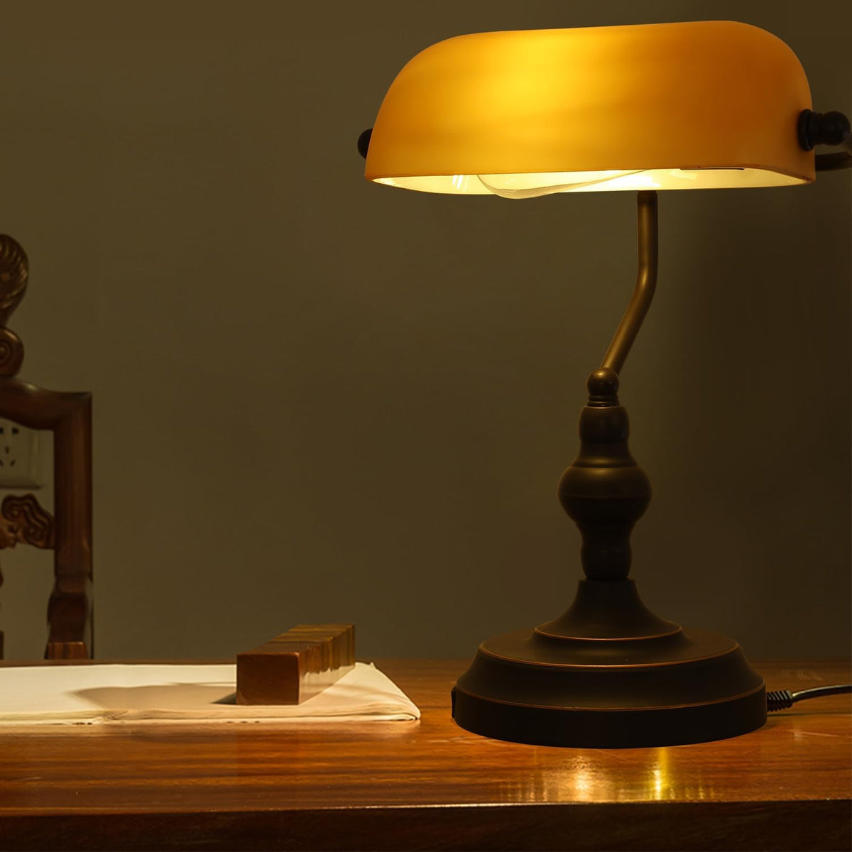 Amber Glass Bankers Desk Lamp, Touch Control