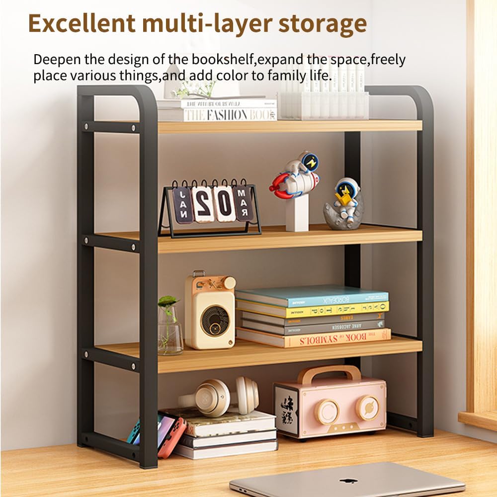 Office Desk Shelf Organizer, Wood Desktop Bookshelf Supplies Storage Rack, Shelf for Top of Desk and Dresser and Cubicle Decor Aesthetic Bookshelf (White White-three Tier, 11.81 Lx7.87 Wx22.05 H)