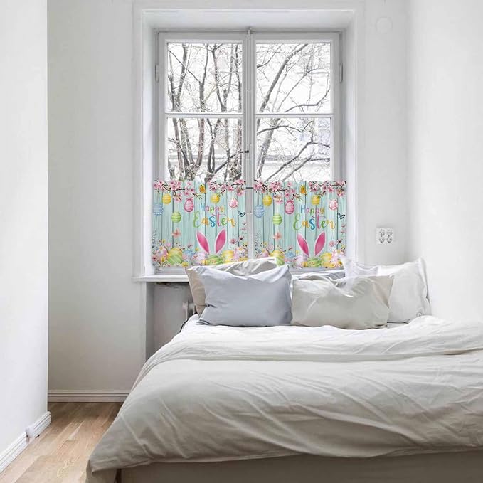 Happy Easter Half Window Curtain 36 Inches Long, Spring Bunny Eggs Flower Teal