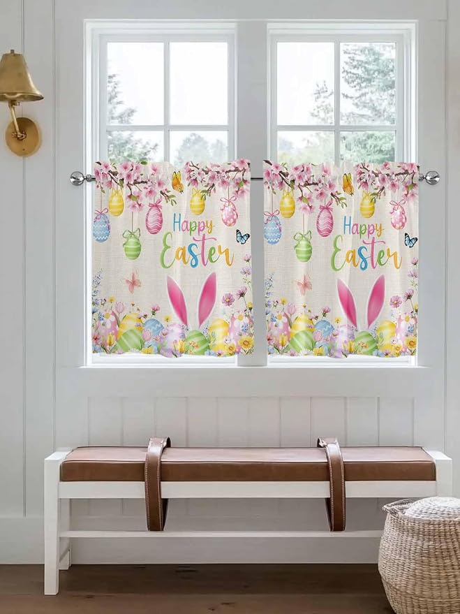 Happy Easter Half Window Curtains 24 Inches Long, Spring Farmhouse Bunny Eggs