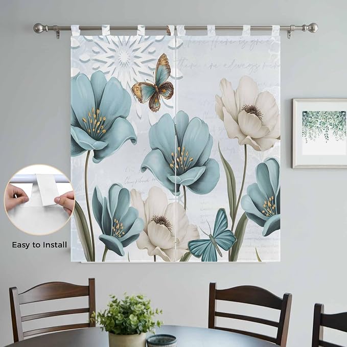 Blue Tulips Living Room Curtains 84 Inch Length, Window Curtains Tab Top