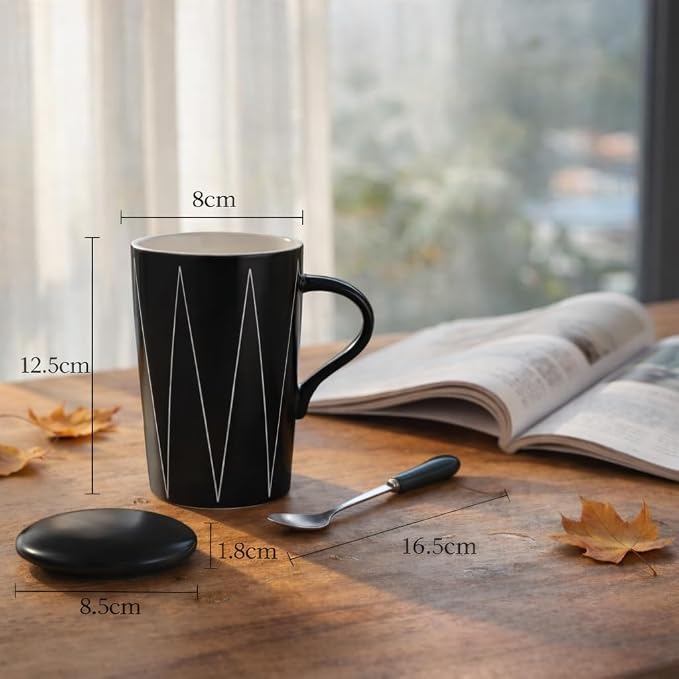 Ceramic Coffee Mug with Lid and Spoon, 13 oz Thick Heavy Coffee Cup