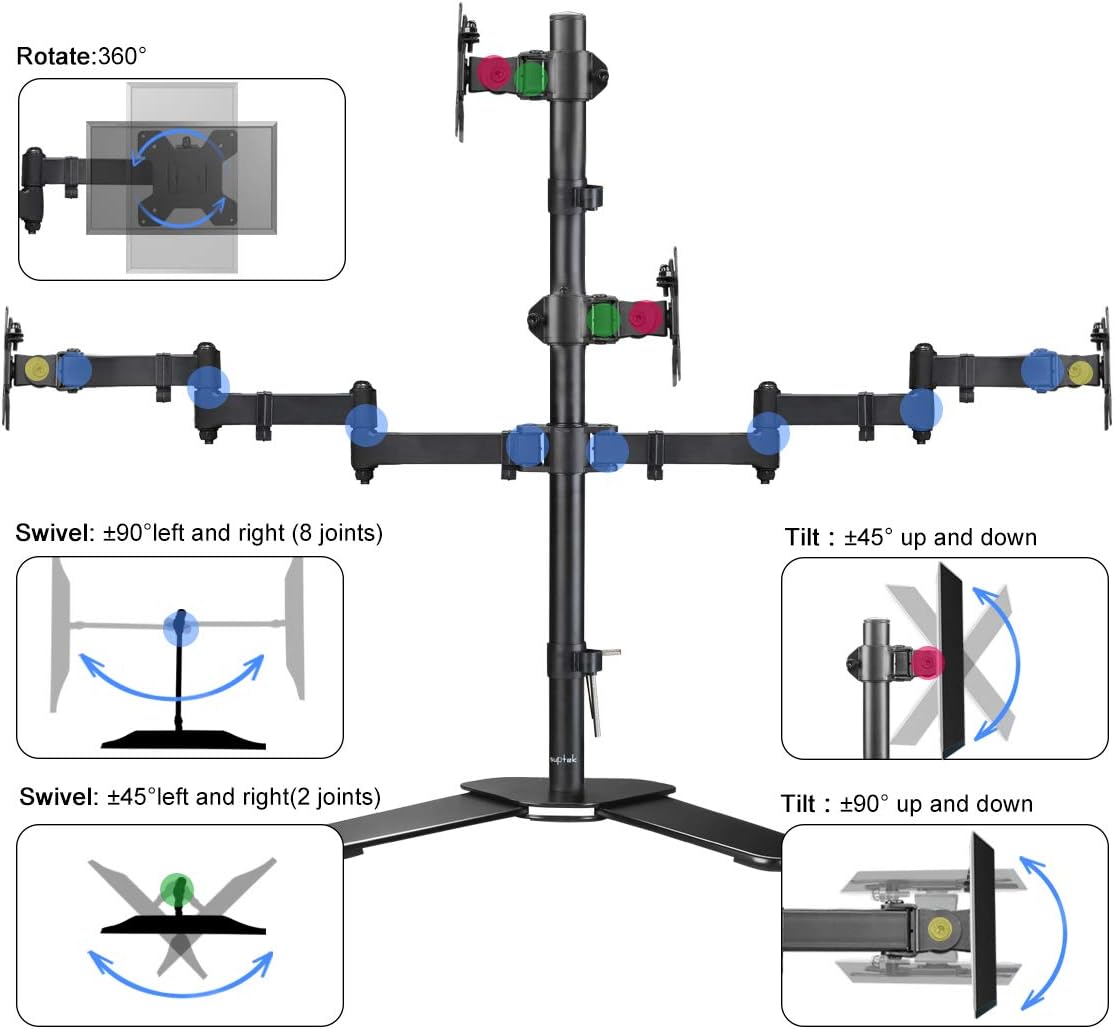 Suptek Quad LED LCD Monitor Stand up Free-Standing Desk Stand Extra Tall 31.5" Pole Heavy Duty Fully Adjustable Mount for 4 (3+1) / Four Screens up to 27 inch (ML6864)