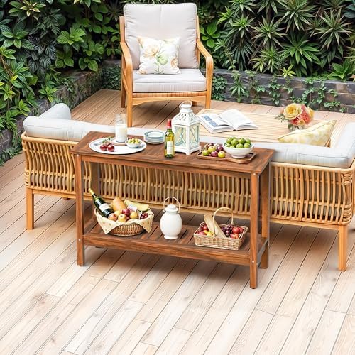 SUPER DEAL 2-Tier Solid Wood Side Table, Outdoor Console Table with Storage Shelf, Adjustable Feet Buffet Bar Organizer for Patio Porch, All-Weather, Natural