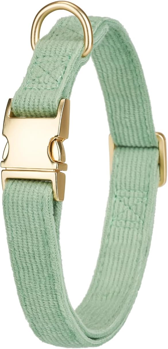 Soft Cotton Dog Collar with Metal Buckle Adjustable Heavy Duty Comfy Corduroy Collars for Small Medium Large Dogs,Grass Green,Large