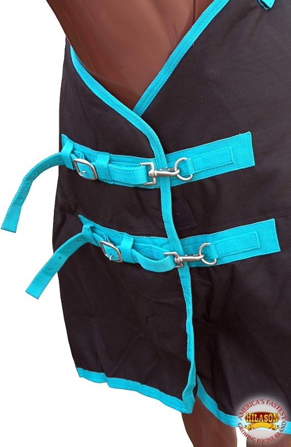 HILASON Black with Turquoise Trims 81 inch 1200D Winter Waterproof Poly Horse Turnout Blanket Belly Wrap