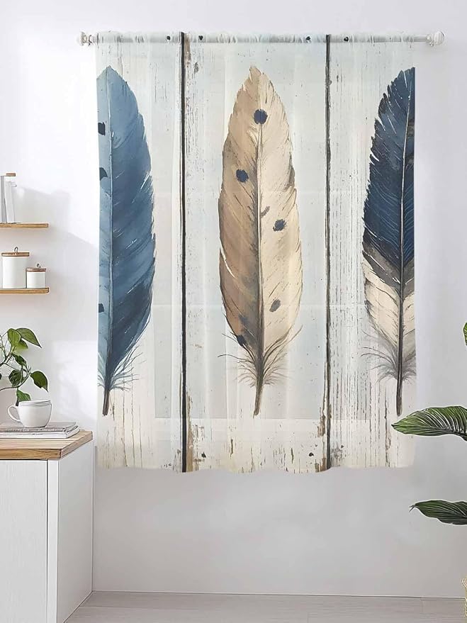 Sheer Curtains 72 Inches Long, Farmhouse Feather Semi Sheer Curtains Light