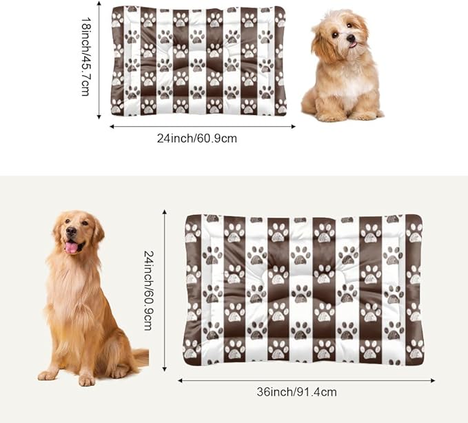 Brown Paw Print Stripes Dogs Bed Furniture Dog Crate Mat Dog Bed Pads for Crates Crate Washable Non-Slip Beds for Crates Beds Medium Dogs Mat Kennel Accessories Indoor Outdoor 36X24 Inch