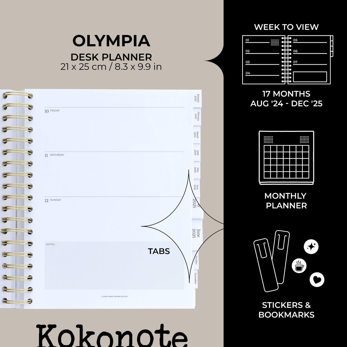 Kokonote Diary 2025 Dusty Pink | Desk Planner 8.3 x 9.8 inches - 21 x 25 cm | Diary Week To View, August 2024 - December 2025 | Stickers & Tabs