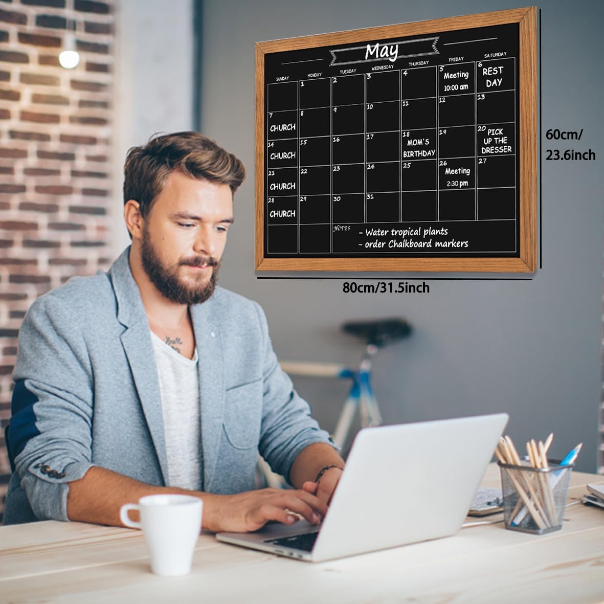 Magnetic Chalkboard Calendar, Rustic Brown Frame, 32" x 24"