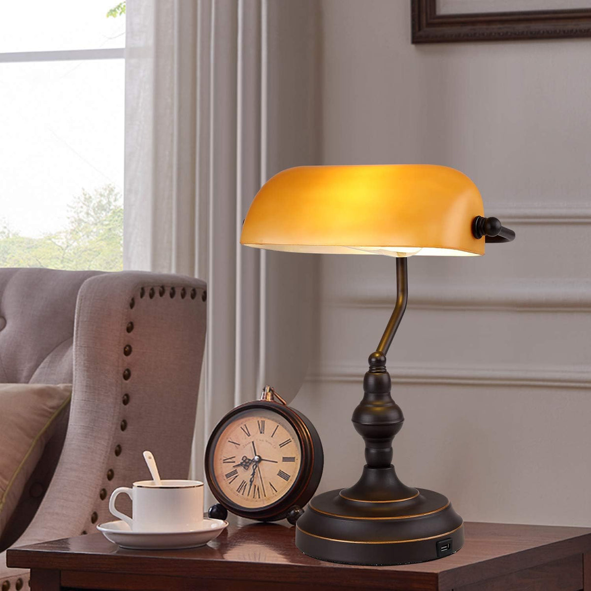Amber Glass Bankers Desk Lamp, Touch Control