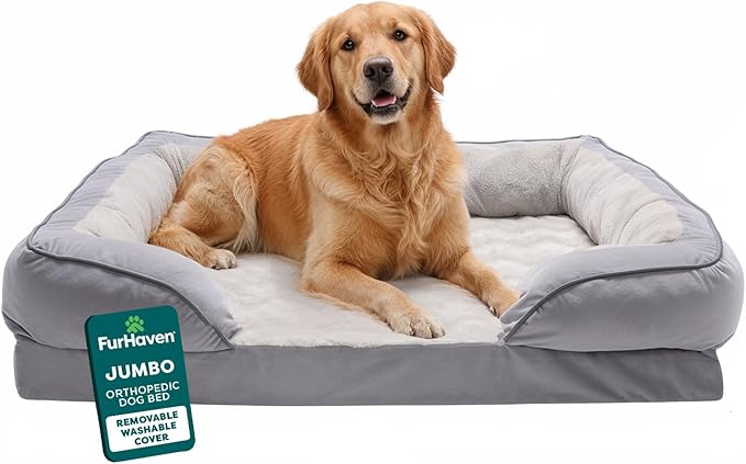 Furhaven Orthopedic Dog Bed for Large Dogs w/ Removable Bolsters & Washable Cover, For Dogs Up to 95 lbs - Plush & Velvet Waves Perfect Comfort Sofa - Granite Gray, Jumbo/XL