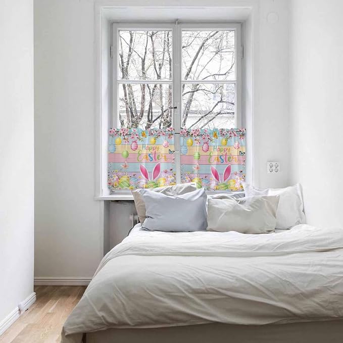 Colorful Easter Half Window Curtain 36 Inches Long, Spring Watercolor Bunny Egg