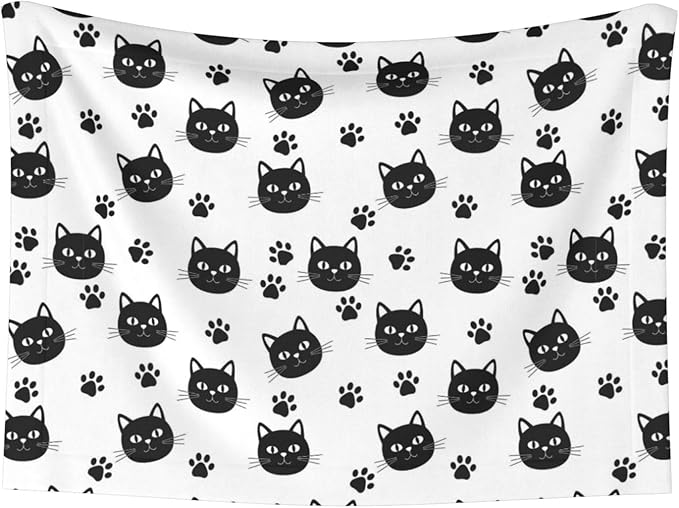 Reversible Plush Throw for Dogs and Cats, Black Cats and Cat Paws, Double Sided Blanket with Nubby Dot Side and Sleek Side Ideal for Cuddling Nesting Security