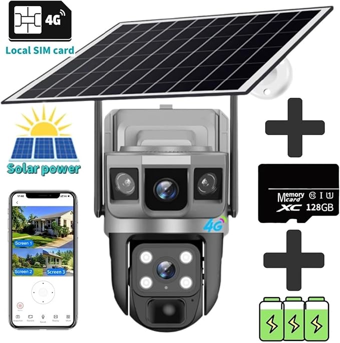 for Outdoor Camera Battery CCTV Monitor 4G SIM Card Network IP Security Pet Camera Motion Detection 3 Screen PTZ Camera(4G CCTV 128G Card)
