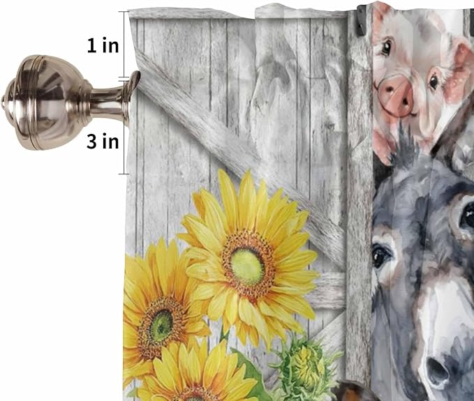Farmhouse Kitchen Curtains 54 Inches length, Watercolor Sunflowers Animals