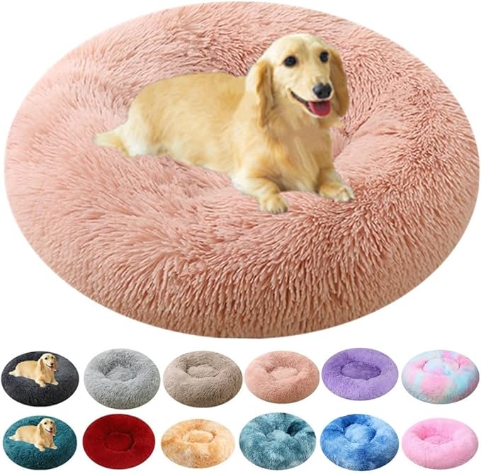 Dog Beds for Small Dogs, Small Donut Dog Bed Pink Cat Bed Round, 20 Inch Fluffy Anti-Anxiety Donut Dogs Cuddler Bed, Washable Pet Bed for Medium Cats (Pink)
