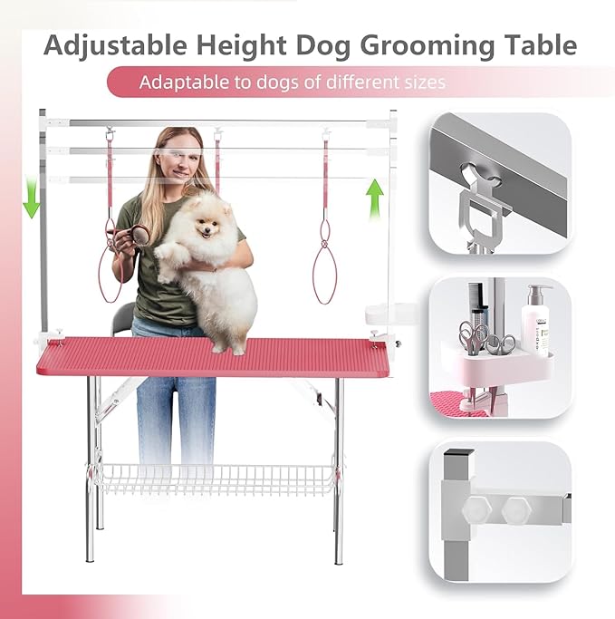 47'' Dog Grooming Table for Large Dogs, Foldable Grooming Table for Dogs at Home with Adjustable Arm & Clamp, Non-Slip Waterproof Top, Mesh Tray & Tool Holder, Stainless Steel Legs, 330LBS Capacity