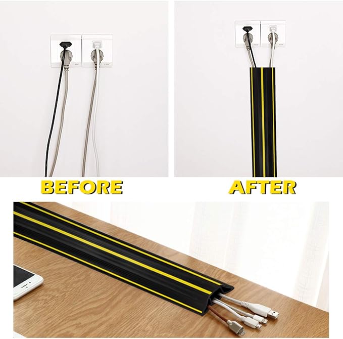 10Ft Cord Covers for Wires on Floor, 3-Channel Floor Cord Cover with Anti-Slip Base & Yellow Warning Strips, Extension Cord Covers for Floor, Ideal for Home, Office, Outdoor Use