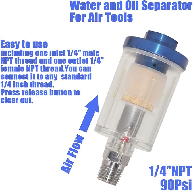 Oil Water Separator for Air Line, 1/4 Inch NPT Inlet and Outlet, Air Compressor