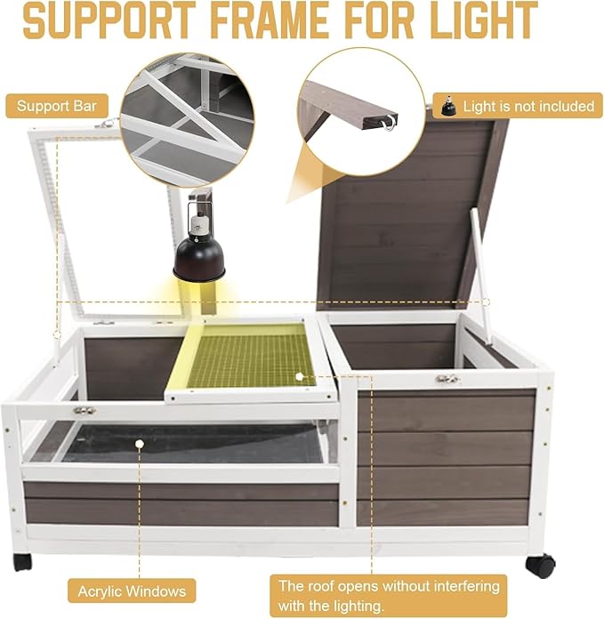 PetsCosset Tortoise Habitat Wooden Tortoise House, Indoor Turtle Enclosure Outdoor Reptile Cage with Removable Bottom, Light Support, Openable Roof (Double Habitat, Leakproof Tray)