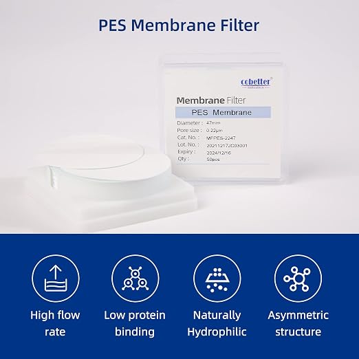 100 Pieces/Pack PES Disc Membrane Filters Hydrophilic 47mm Diameter 0.45µm Pore