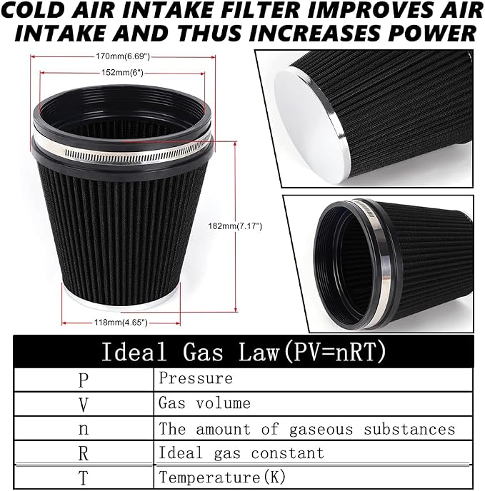 6" Inlet Cold Air Intake Filter Cone Replacement Performance Washable Clamp-On