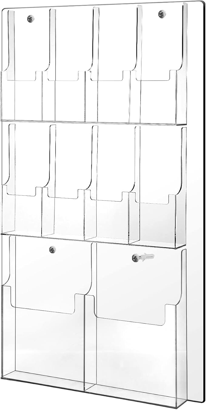 Weysat Acrylic Brochure Holder Wall Mount, Clear Plastic Pamphlet Holder Magazine Display Trifold Flyer Rack Hanging Literature Storage Organizer(2 Magazine Pockets, 8 Pamphlet Pockets)