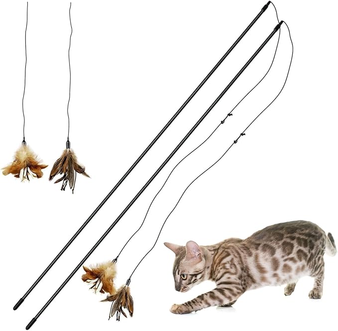 TTcat Cat Wand Toys Feather Stick Toys,2 PCS Extra-Long 31.5in Teaser Wands and 4 PCS Feather Refills,Interactive Toys for Bored Indoor Cat and Kitten.