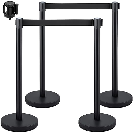 VEVOR Crowd Control Stanchion Set, Stanchion Set with 6.6 ft/2 m Black Retractable Belt, Black Crowd Control Barrier w/Concrete and Metal Base - Easy Connect Assembly (4)