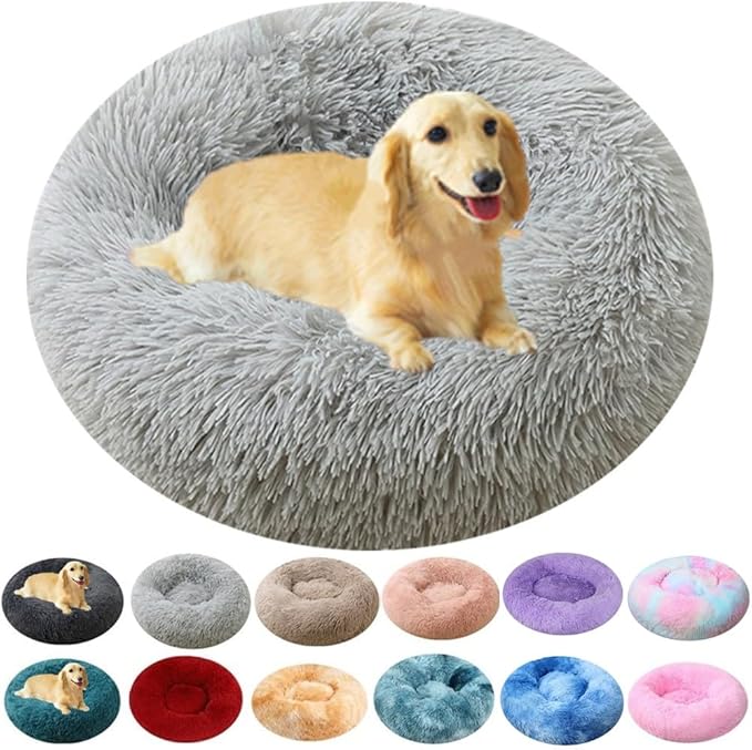 Calming Donut Dog & Cat Bed, 36 Inch Round Fluffy Dog Beds for Small Medium Large Dogs and Cats Anti-Anxiety, Puppy Bed, Washable Round Cozy Soft Pet Bed (Light Grey)